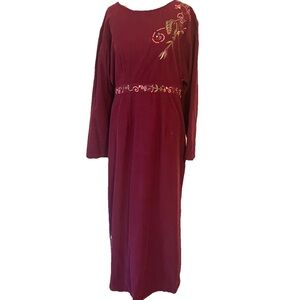 Khaki Rose Purple Size L Corduroy Embroidered Floral Long Sleeve Maxi Dress